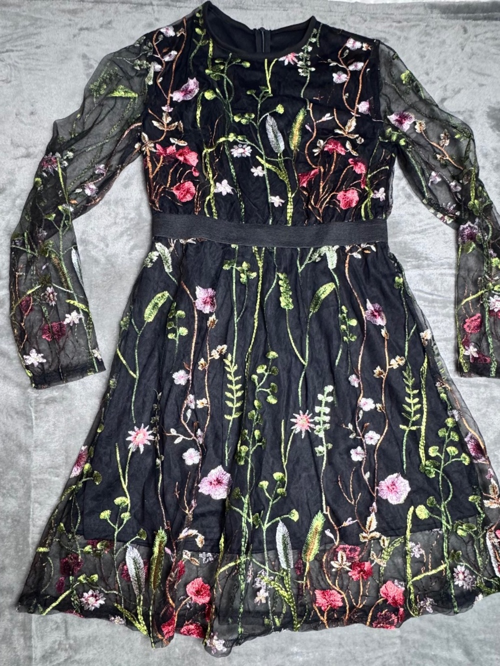 Black Embroidered Floral Mesh Dress Sheer Sleeve Boho Cottagecore Small